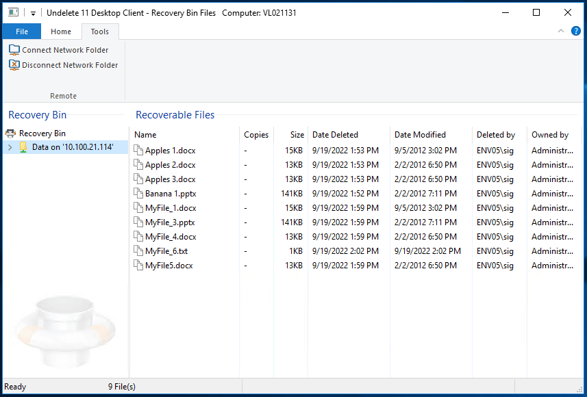 Undelete Client 工具屏幕